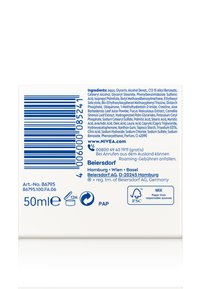 White cardboard packaging for a 50ml product, featuring blue text with ingredients, usage details, and logos. Barcode on the left side.