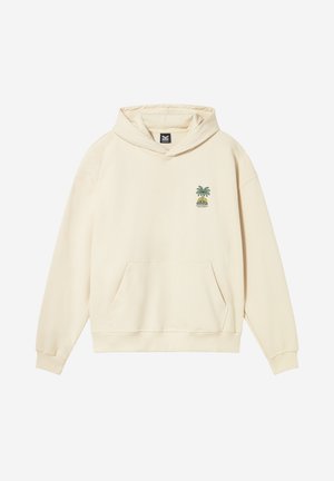 Cream-colored hoodie with front pocket and small palm tree graphic on the left chest against a plain white background.