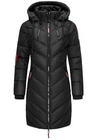 Black puffer coat with a chevron pattern, zippered front, adjustable hood, and red accents on the sleeves. Features side pockets and ribbed cuffs.