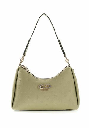 Sac à main Guess vert clair avec bandoulière, motif logo en relief et fermoir en métal sur la fermeture éclair avant.