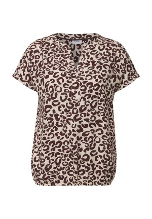 Leopard print short-sleeve blouse in beige and dark brown. V-neckline with a relaxed fit and elastic hem detail at the bottom.