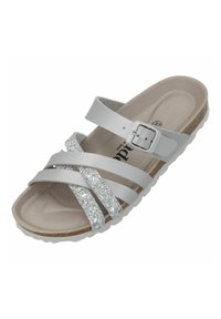 Sandalo bianco con tre fasce decorative, due in materiale liscio e una in glitter argentato, dotato di una fibbia e di una soletta testurizzata.