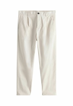 Beige Hose mit geradem Bein, Gürtelschlaufen, Seitentaschen, einem einzelnen Knopfverschluss und einem Reißverschluss vorne.