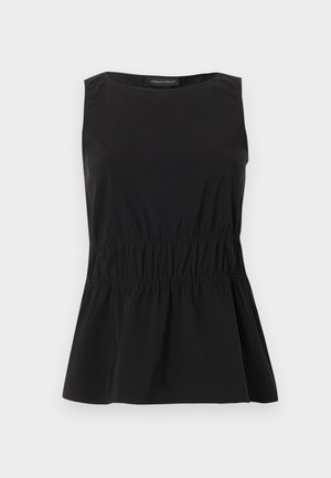 Haut noir sans manches avec encolure ronde et taille élastiquée froncée créant un ourlet légèrement évasé, étiqueté Anna Field.