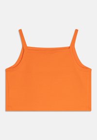 Pomarańczowy krótki top na ramiączkach z cienkimi paskami, wykonany z miękkiego, elastycznego materiału. Charakteryzuje się prostym designem i starannym wykończeniem brzegów.