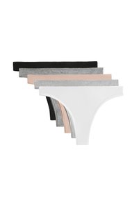 Zes paren thong ondergoed in zwart, grijs, lichtroze en wit, met een gladde textuur en een comfortabele brede tailleband.