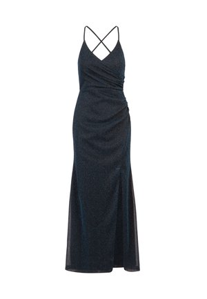 Robe de soirée noire, ajustée, avec une texture scintillante, un buste froncé et des bretelles spaghetti croisées. Fente sur le côté pour un détail supplémentaire.