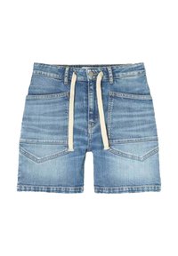 Shorts en denim bleu clair avec une ceinture à cordon de serrage et deux poches avant. Présente un léger délavage et des détails de couture ton sur ton.