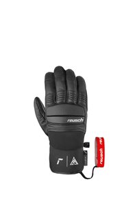 Guanti neri impermeabili realizzati in materiali in pelle e tessuto. Presentano sezioni imbottite, dettagli testurizzati, un cinturino elastico rosso sul polso e un marchio.