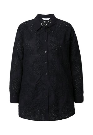 Zwarte blouse met lange mouwen en een kraag, voorzien van ingewikkelde bloemembroidery en knoopsluitingen aan de voorkant. Glad textuur en getailleerde pasvorm.