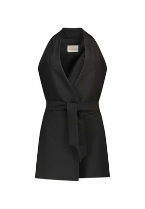 Gilet nero senza maniche con collo a revers largo e cintura in tessuto annodata in vita, con etichetta "EMME" all'interno del collo.