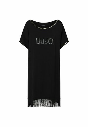 Vestito nero a maniche corte con scollo, bordi delle maniche e logo con borchie davanti, con dettaglio di frange sull'orlo.