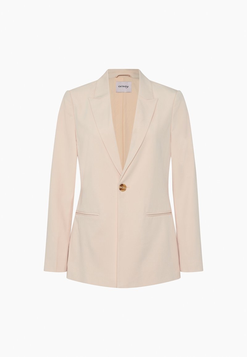 Blazer pour femmes de couleur crème, manches longues, fermeture à un seul bouton marron, revers crantés et deux poches fendues à l'avant.