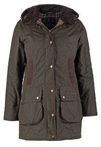 Brown, water-resistant jacket with a hood, featuring gold buttons, two front pockets, and a plaid lining. Accents of dark brown fabric.