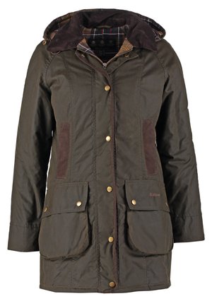 Brown, water-resistant jacket with a hood, featuring gold buttons, two front pockets, and a plaid lining. Accents of dark brown fabric.
