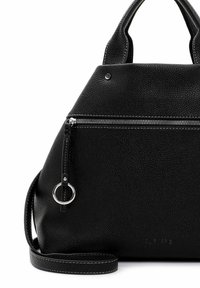 Black faux leather handbag featuring a pebbled texture, silver hardware, zippered pocket, top handles, and a detachable shoulder strap.