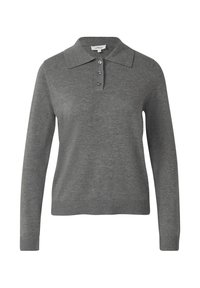 Graues Langarm-Poloshirt aus weichem Stoff, mit klassischem Kragen, Knopfleiste und gerippten Bündchen und Saum.