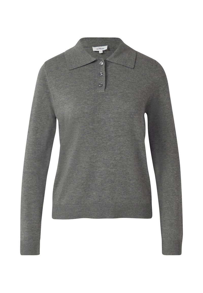 Graues Langarm-Poloshirt aus weichem Stoff, mit klassischem Kragen, Knopfleiste und gerippten Bündchen und Saum.