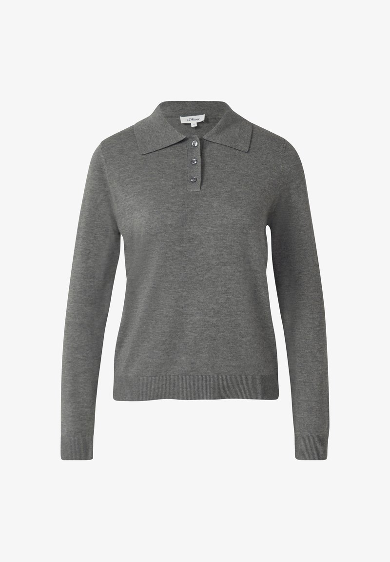 Graues Langarm-Poloshirt aus weichem Stoff, mit klassischem Kragen, Knopfleiste und gerippten Bündchen und Saum.