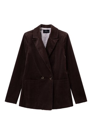 Blazer in velluto a coste marrone con davanti doppiopetto, risvolti a scasso, due tasche frontali e fodera a righe. Tessuto texture con righe pronunciate.