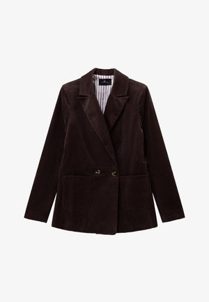 Blazer in velluto a coste marrone con davanti doppiopetto, risvolti a scasso, due tasche frontali e fodera a righe. Tessuto texture con righe pronunciate.