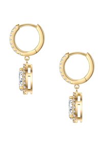 Auksiniai auskarai kilpos forma su centriniu skaidriu brangakmeniu, papuošti smulkiais skaidriais akmenimis palei kilpą. Lygus dizainas su poliruotais paviršiais.