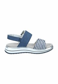 Sandal aperto con tomaia sintetica blu navy e fascia in tessuto a motivo chevron. Presenta una soletta imbottita e una suola a righe bianche.