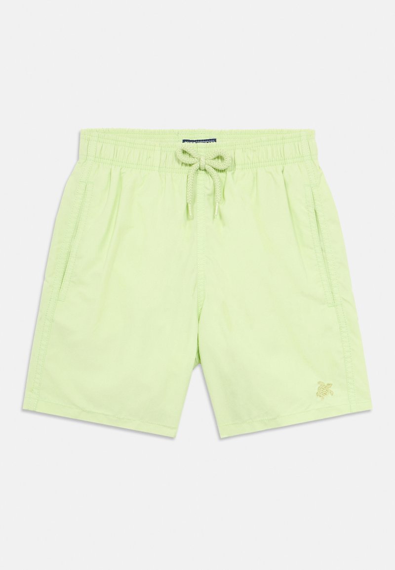 Lime zöld fürdőnadrág rugalmas derékrésszel, húzózsinóros záródással, két oldalzsebbel és egy kis, hímzett teknőc motívummal.