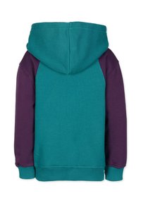 Huvtröja med en teal kropp och lila raglanärmar. Mjukt tyg, ribbade ärmslut och nederkant. Enkel design utan mönster.