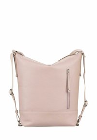 Sac d'épaule en cuir rose clair avec surface texturée, design angulaire, bandoulière réglable et poche extérieure zippée.