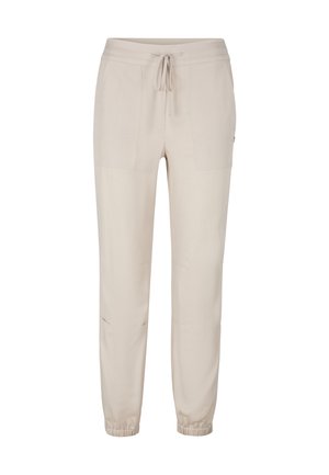 Pantaloni casual beige con polsini elastici e vita con coulisse, dotati di tasche applicate frontali e vestibilità ampia.