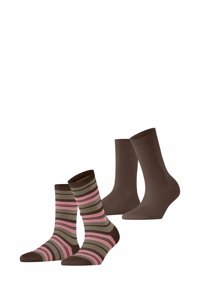 Set mit zwei Paar Socken: ein Paar in einfarbig braun und ein Paar mit horizontalen Streifen in Pink, Braun und Grau. Mischgewebe in Baumwolle, Schafthöhe bis zur Mitte der Wade.