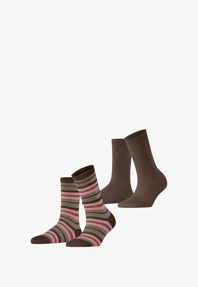 Set di due paia di calzini: uno di un colore marrone uniforme e uno con righe orizzontali nei colori rosa, marrone e grigio. Materiale misto cotone, lunghezza fino al polpaccio.
