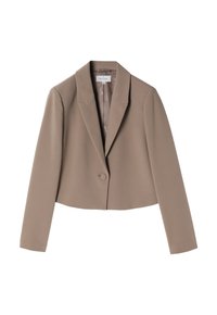 Cropped brown blazer made from smooth fabric, featuring a notched lapel and single-button closure. Interior has a subtle patterned lining.