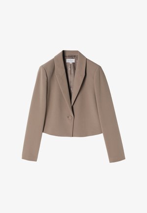 Geknipte bruine blazer gemaakt van een soepele stof, met een notch-lapel en een sluiting met één knoop. De binnenkant heeft een subtiele patroonvoering.