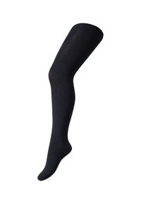 Chaussettes noires côtelées montantes avec une texture lisse, une forme effilée et un orteil renforcé. Sans motifs ni embellissements.