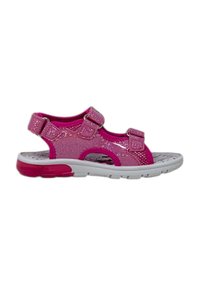 Sandali per bambini rosa con doppie cinghie in Velcro, finitura glitterata, suola bianca e plantare decorato. Design leggero e aperto sulla punta.