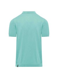 Mintgroene polo met een gebreide kraag, korte mouwen en een rechte zoom met een klein zwart accent rechtsonder.