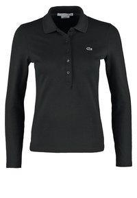 Polo-shirt noir à manches longues en tissu lisse avec un col classique, présentant une patte de boutonnage à trois boutons et un petit logo sur la poitrine.