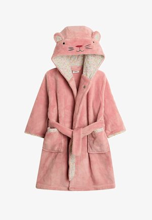 Rožinė fliso chalatė su gobtuvu, turinti siuvinėtą katės veidą, gėlių raštuotu pamušalu ir atitinkamu diržo raiščiu; turi dvi priekinės kišenes.