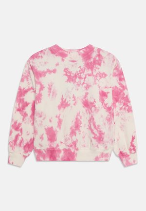 Sweatshirt à col rond de couleur crème avec un motif tie-dye rose. Doté d'un col rond côtelé, de manches longues, ainsi que de poignets et d'un ourlet côtelés. Matière en coton doux.