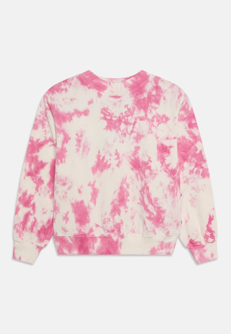 Sweatshirt à col rond de couleur crème avec un motif tie-dye rose. Doté d'un col rond côtelé, de manches longues, ainsi que de poignets et d'un ourlet côtelés. Matière en coton doux.