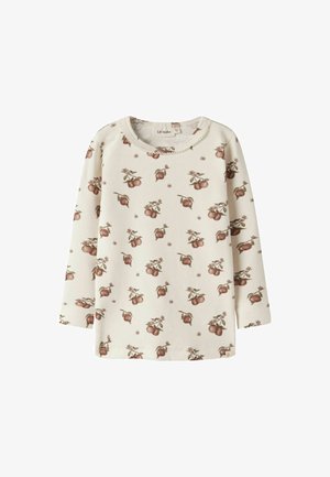 Dziecięca kremowa koszulka z długim rękawem z wzorem brązowych jabłek i zielonych liści, z okrągłym dekoltem i prostym dołem.