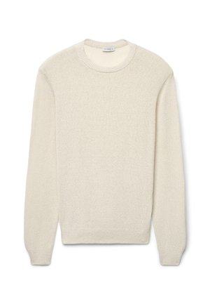 Cremefarbener Pullover mit langen Ärmeln und Rundhalsausschnitt, mit geripptem Kragen, Bündchen und Saum, aus strukturiertem Strickgewebe gefertigt.