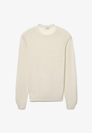 Cremefarbener Pullover mit langen Ärmeln und Rundhalsausschnitt, mit geripptem Kragen, Bündchen und Saum, aus strukturiertem Strickgewebe gefertigt.