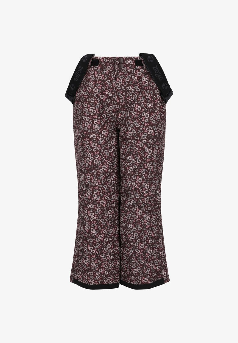 Printed wide-leg pants in a dark floral pattern with shades of burgundy, pink, and cream. Features black adjustable suspenders and buttons.