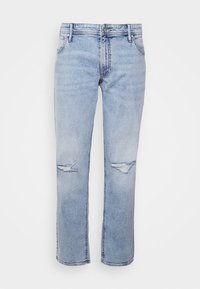 Ljusblå denimjeans med rak passform, slitningar ovanför knäna och femfickorsdesign. Har en knapp- och dragkedjestängning.