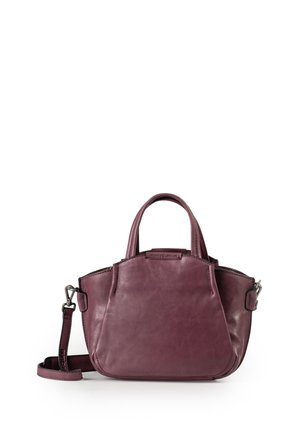 Small purple leather handbag with double handles and a detachable shoulder strap, shown on a white background.