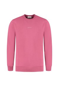 Rosa Langarm-Crewneck-Sweatshirt mit gerippten Bündchen und Saum, mit kleinem weißen "PURE PATH"-Text in der Mitte der Brust.