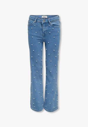 Vaaleansiniset farkut, joissa on leveä lahje ja helmikoristeita tasaisesti jakautuneina. Ominaisuuksiin kuuluu klassinen viiden taskun muotoilu ja etunappi.